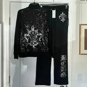 NWT BCBGMaxAzria Sequins Fleur De Lis Embellished Zip-Up Track Suit 2-Piece M